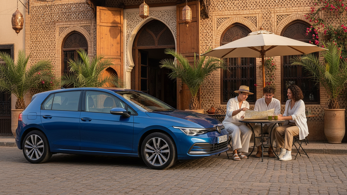 Golf 8 stationnée devant un restaurant traditionnel au Maroc avec des voyageurs examinant une carte, illustrant conseils pratiques et découvertes