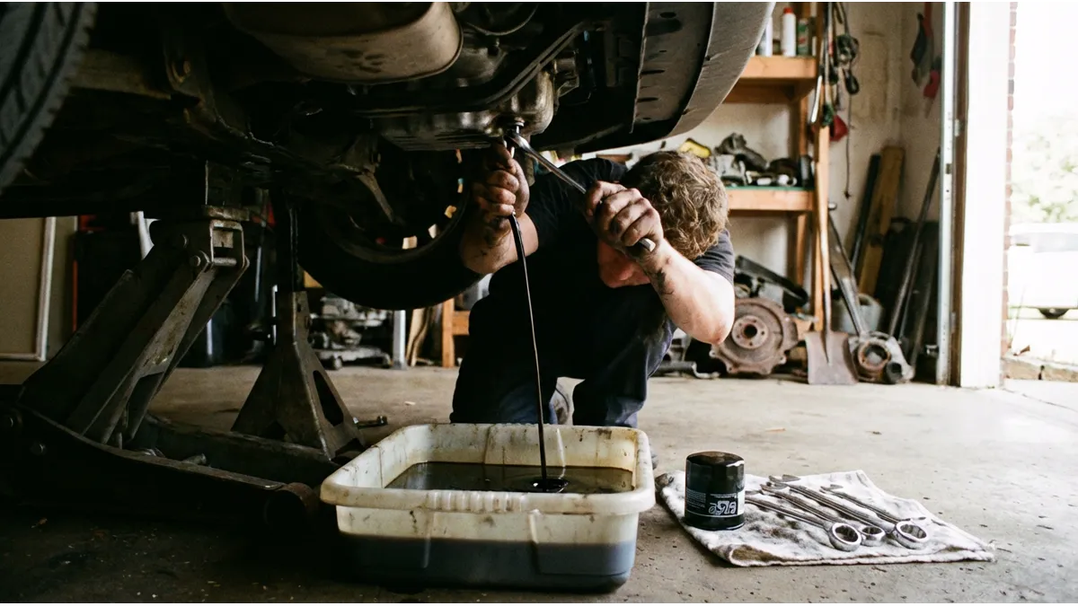 Un amateur réalise une vidange moteur DIY dans un garage domestique, plaçant un bac de récupération sous le moteur et se préparant à remplacer le filtre à huile, illustrant un tutoriel d’entretien automobile