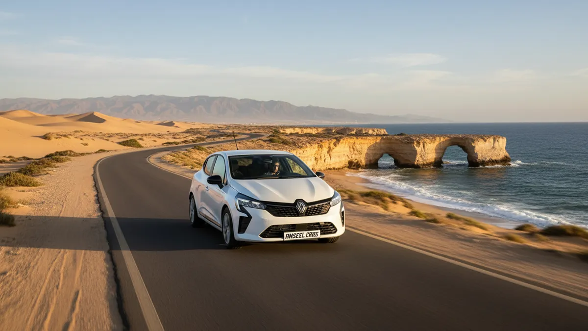 Renault Clio 5 blanche conduisant au-delà d'Agadir, entre dunes sahariennes et arches rocheuses, avec montagnes à l'horizon. Clio 5 blanche