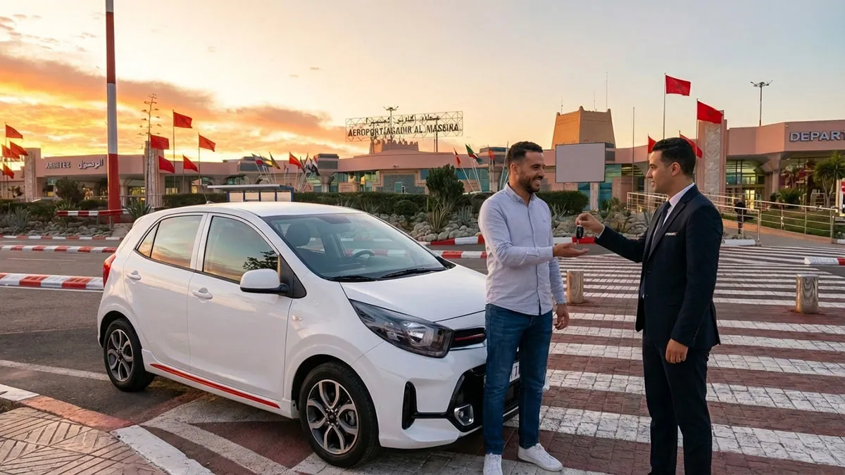 Remise des clés d’une Kia Picanto 2025 à un client chez Amseelcars à Agadir, devant l’agence de location.