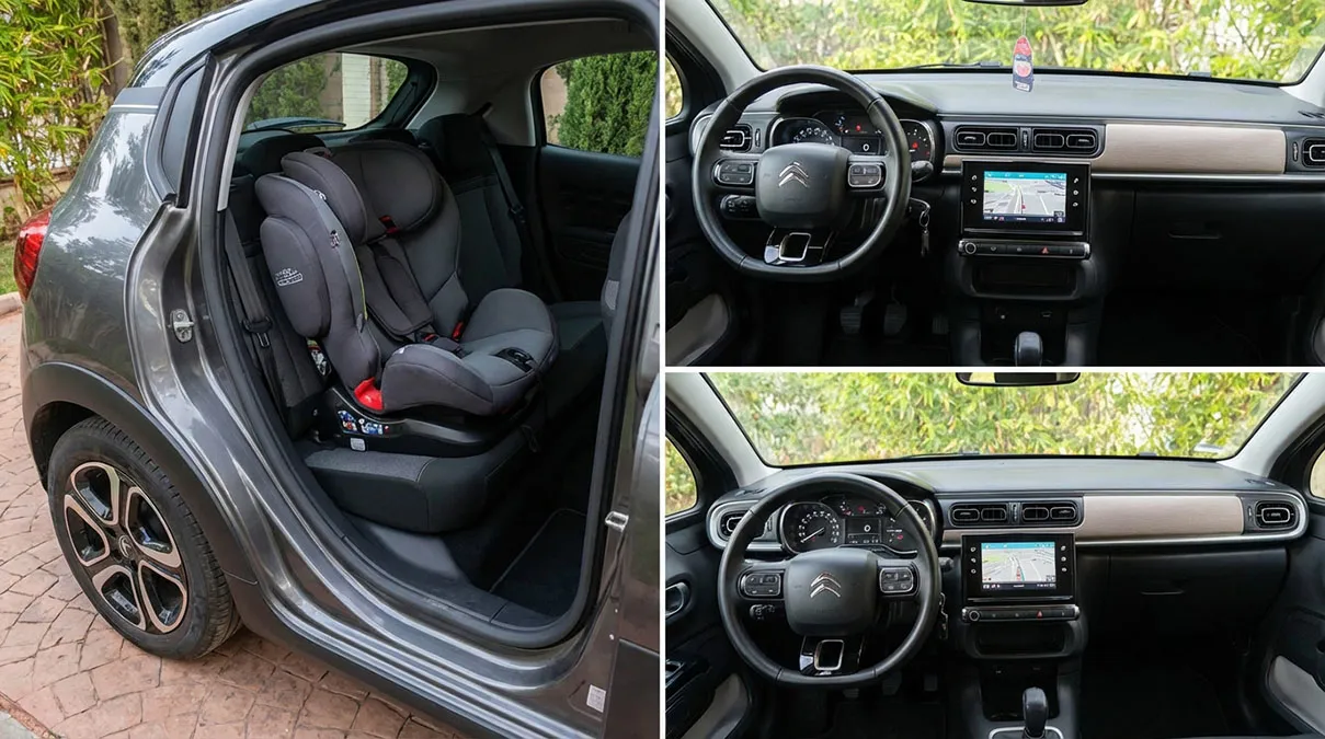 Citroën C3 Normal avec siège enfant installé et GPS intégré visible