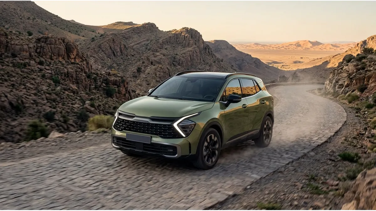 Kia Sportage circulant dans les gorges de l’Atlas avec le désert en arrière-plan