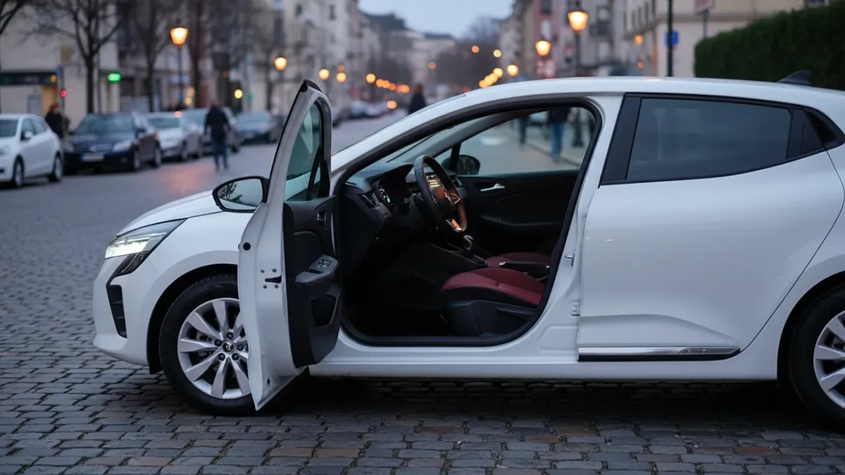 Habitacle ergonomique d'une Renault Clio 5 blanche avec console tactile et affichage tête haute actif, garée dans une rue urbaine tranquille. Clio 5 blanche