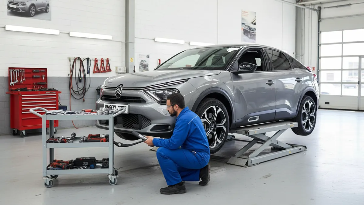 Citroën C4 sur un pont élévateur dans un atelier avec un technicien vérifiant la pression des pneus et outils professionnels autour. Focus keyword: Citroën C4