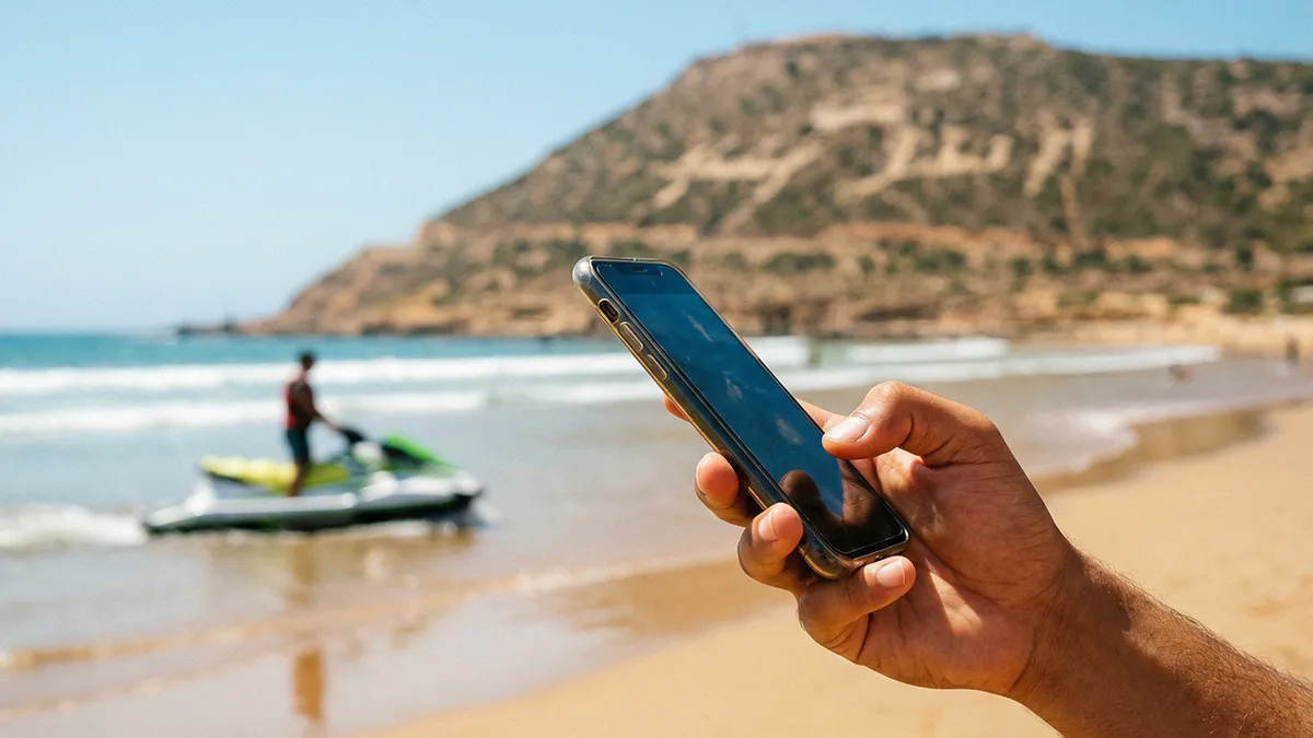 Gros plan sur un smartphone tenu d'une main, affichant un écran de réservation flou, avec un jet ski et la mer d’Agadir en arrière-plan, symbolisant la réservation de jet ski