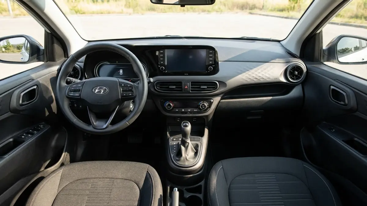 Intérieur d’une Hyundai i10 2024 avec tableau de bord moderne, écran tactile, volant et sièges confortables, Hyundai i10.