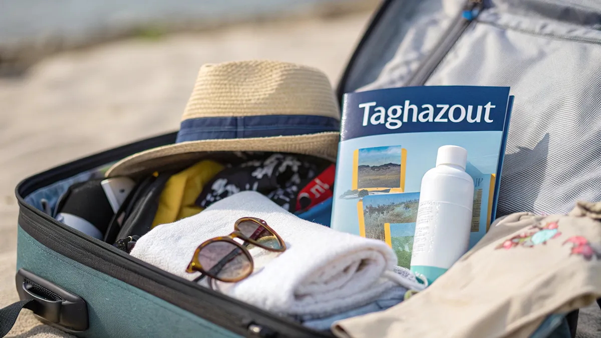 	Sac de voyage ouvert avec crème solaire, lunettes, chapeau, gourde et guide de Taghazout, Taghazout