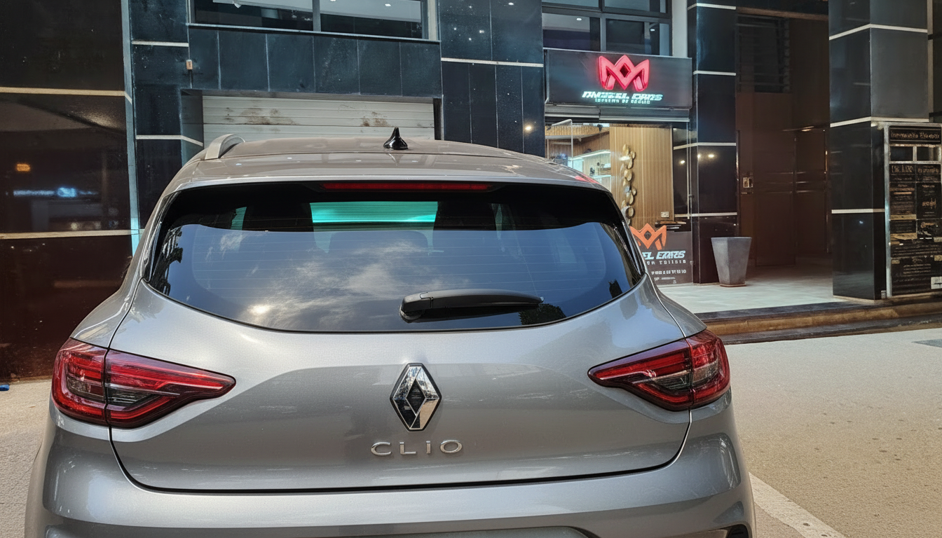 Comptoir d’une agence de location Amseelcars à Agadir avec une Renault Clio 5 diesel 2024 garée à l’extérieur, ambiance accueillante. Clio 5