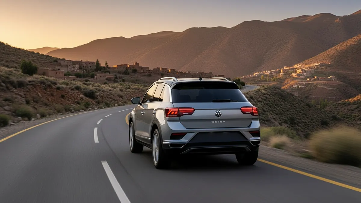 Volkswagen T-roc roulant le long de la côte atlantique marocaine près d’Essaouira avec l’océan à gauche et des falaises à droite, sans texte ni chiffres. T-roc