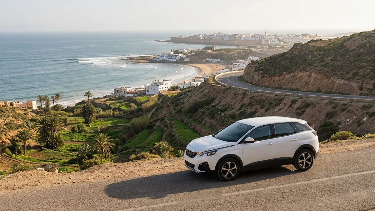 Voiture de location sur la côte atlantique avec vue sur Taghazout, Essaouira et la vallée du paradis, évoquant les excursions depuis le Maroc Racing Karting Agadir.