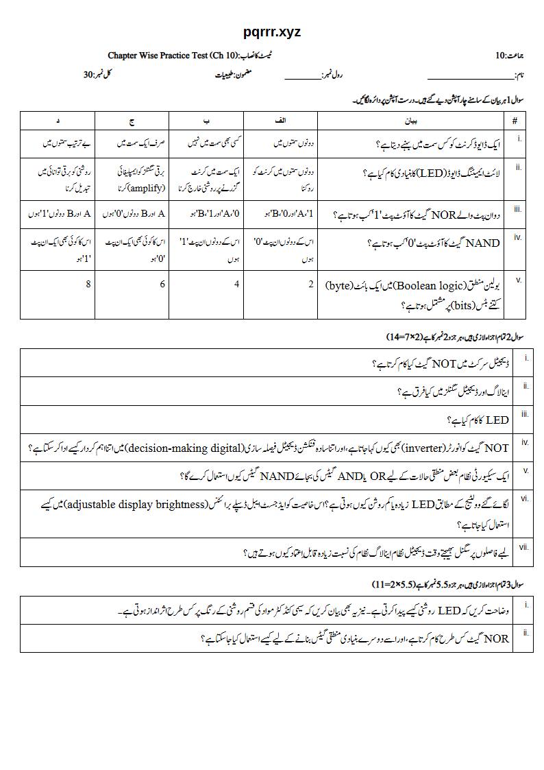 First page of 10th Physics – Chapter 10 – Electronics – Chapter Wise Practice Test, 30 marks (Urdu)