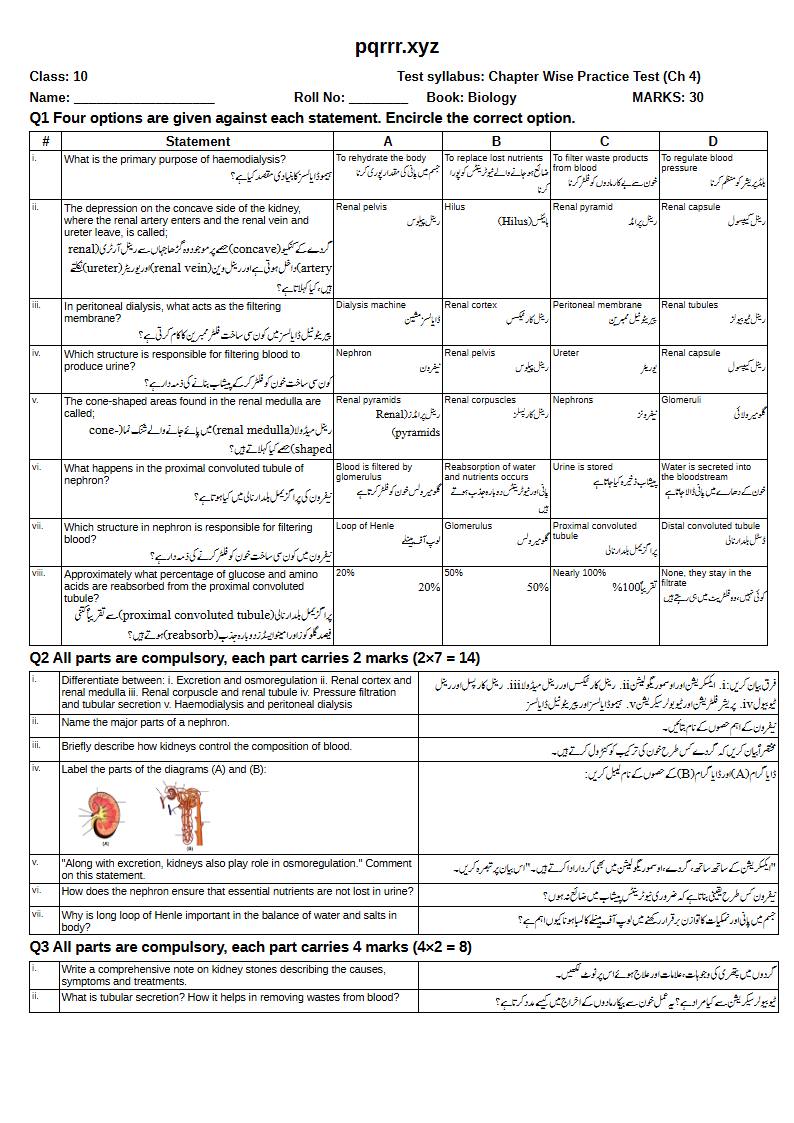 First page of 10th Biology – Chapter 4 – Human Urinary System – Chapter Wise Practice Test, 30 marks (English + Urdu)