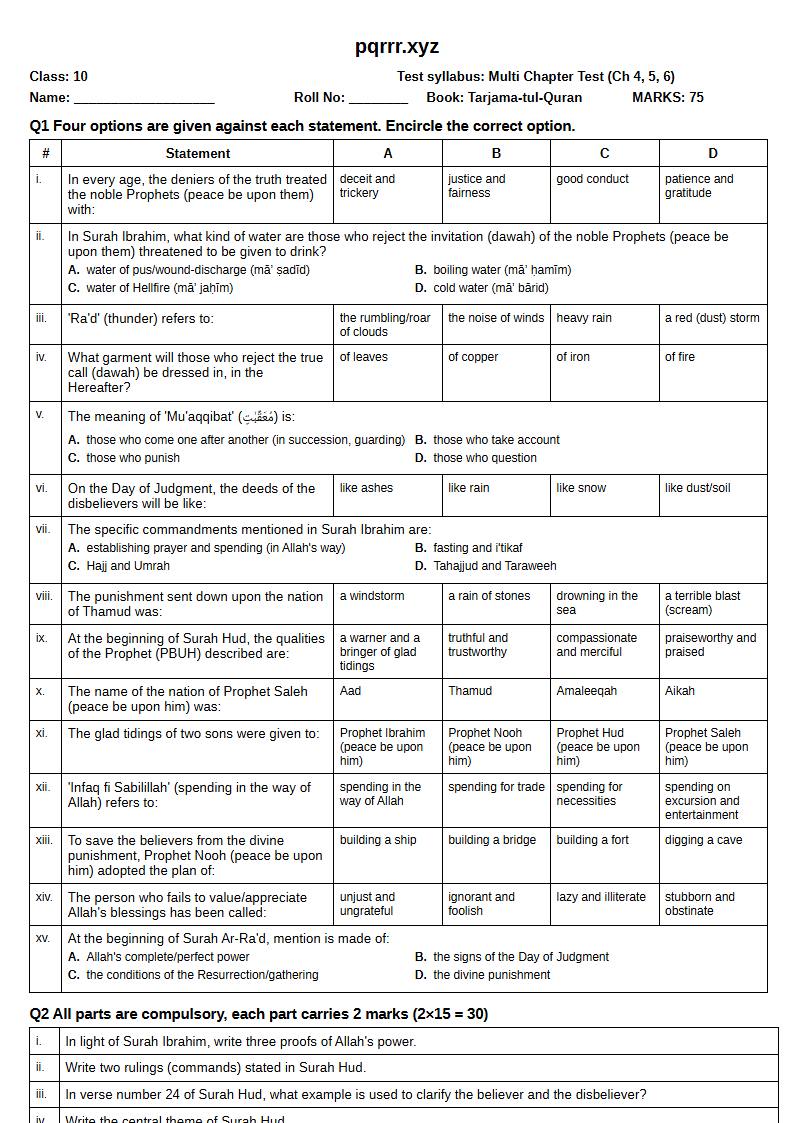 First page of 10th Tarjama-tul-Quran – Chapters 4–6 – Multi Chapter Test, 75 marks (English)
