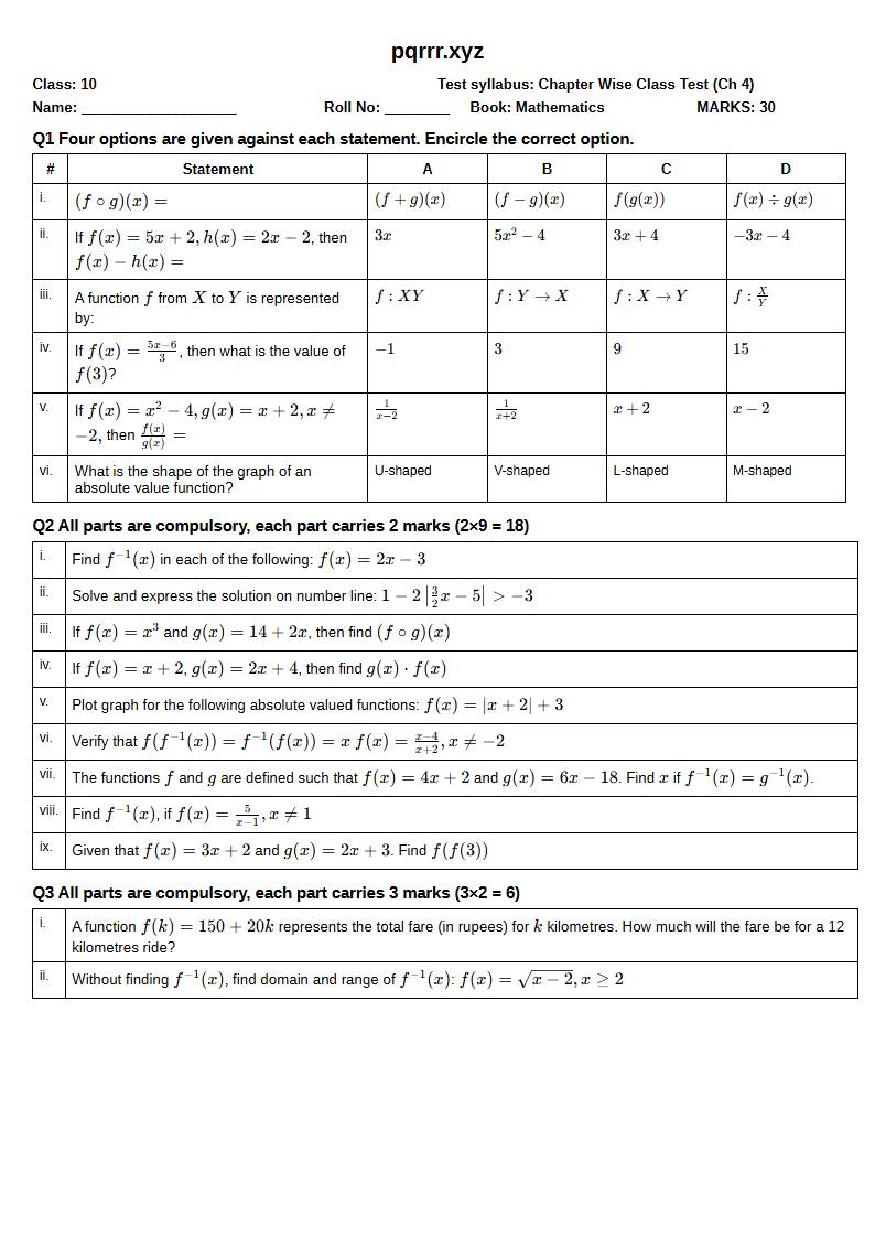First page of 10th Mathematics – Chapter 4 – Functions and Graphs – Chapter Wise Class Test, 30 marks (English)