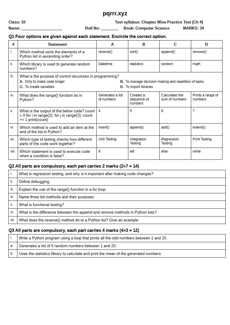 First page of 10th Computer Science – Chapter 4 – Control Structures in Python – Chapter Wise Practice Test, 30 marks (English)