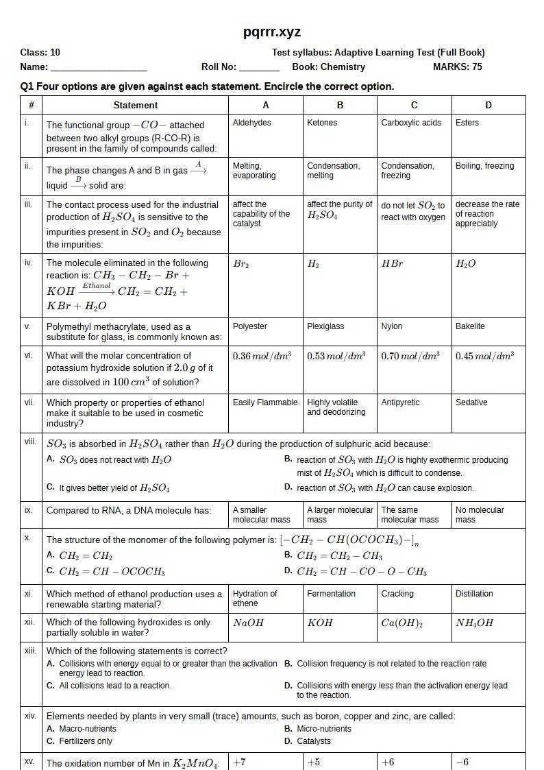 First page of 10th Chemistry – Complete book – Adaptive Learning Test, 75 marks (English)