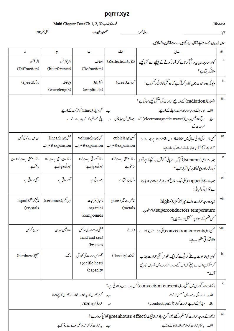 First page of 10th Physics – Chapters 1–3 – Multi Chapter Test, 70 marks (Urdu)