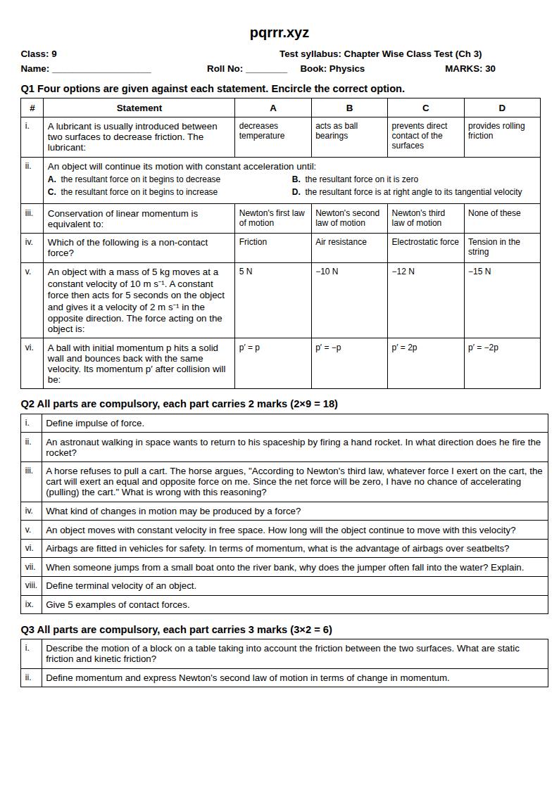 First page of 9th Physics – Chapter 3 – Dynamics – Chapter Wise Class Test, 30 marks (English)