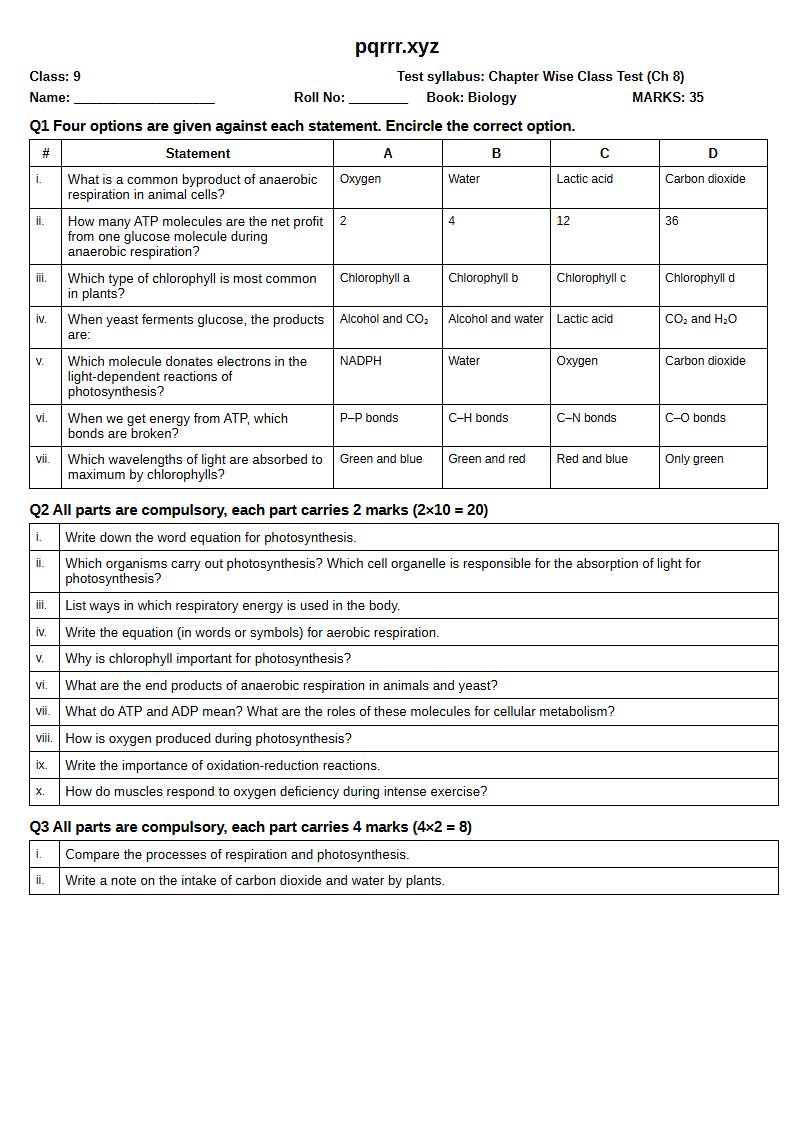 First page of 9th Biology – Chapter 8 – Bioenergetics – Chapter Wise Class Test, 35 marks (English)