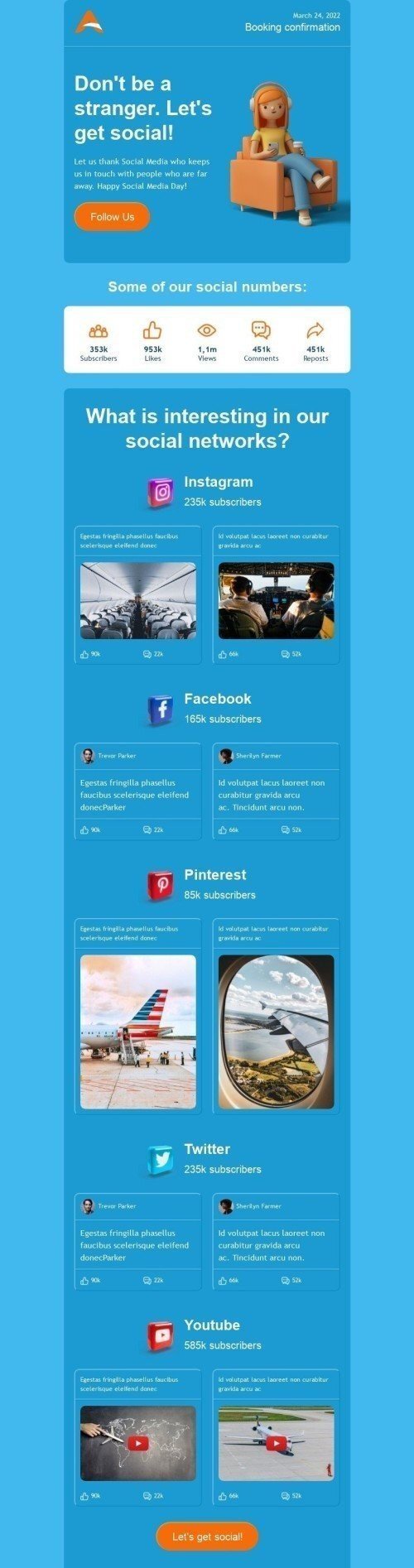 Social Media Day Email Template "Don't be a stranger" for Airline industry