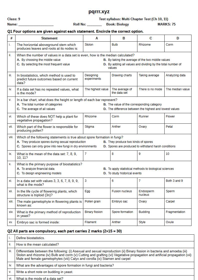 First page of 9th Biology – Chapters 10–11 – Multi Chapter Test, 75 marks (English)
