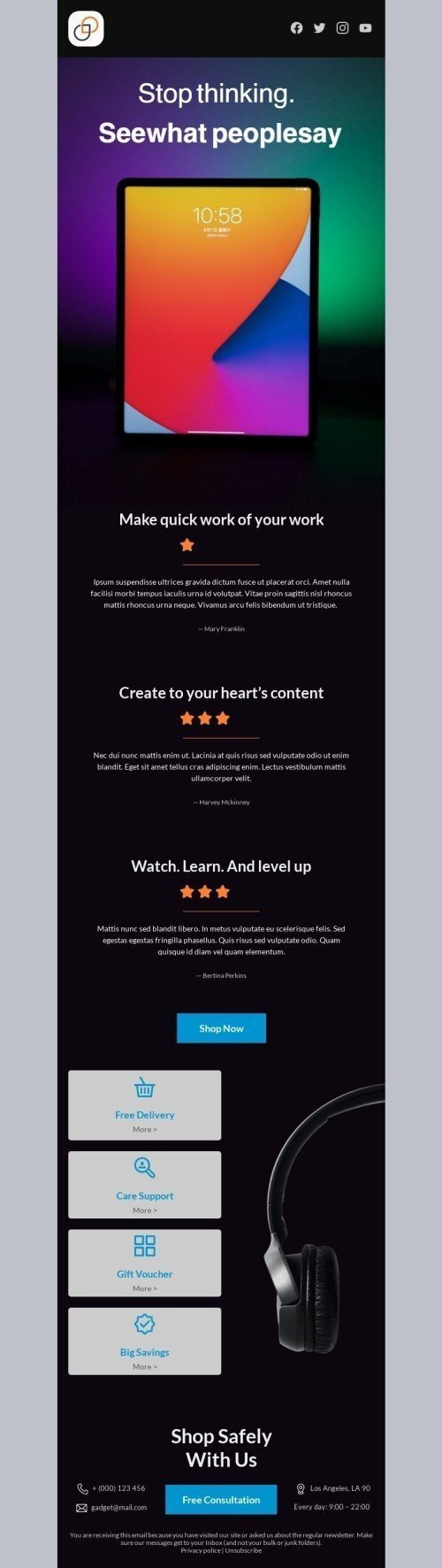 Promo email template "See what people say" for gadgets industry