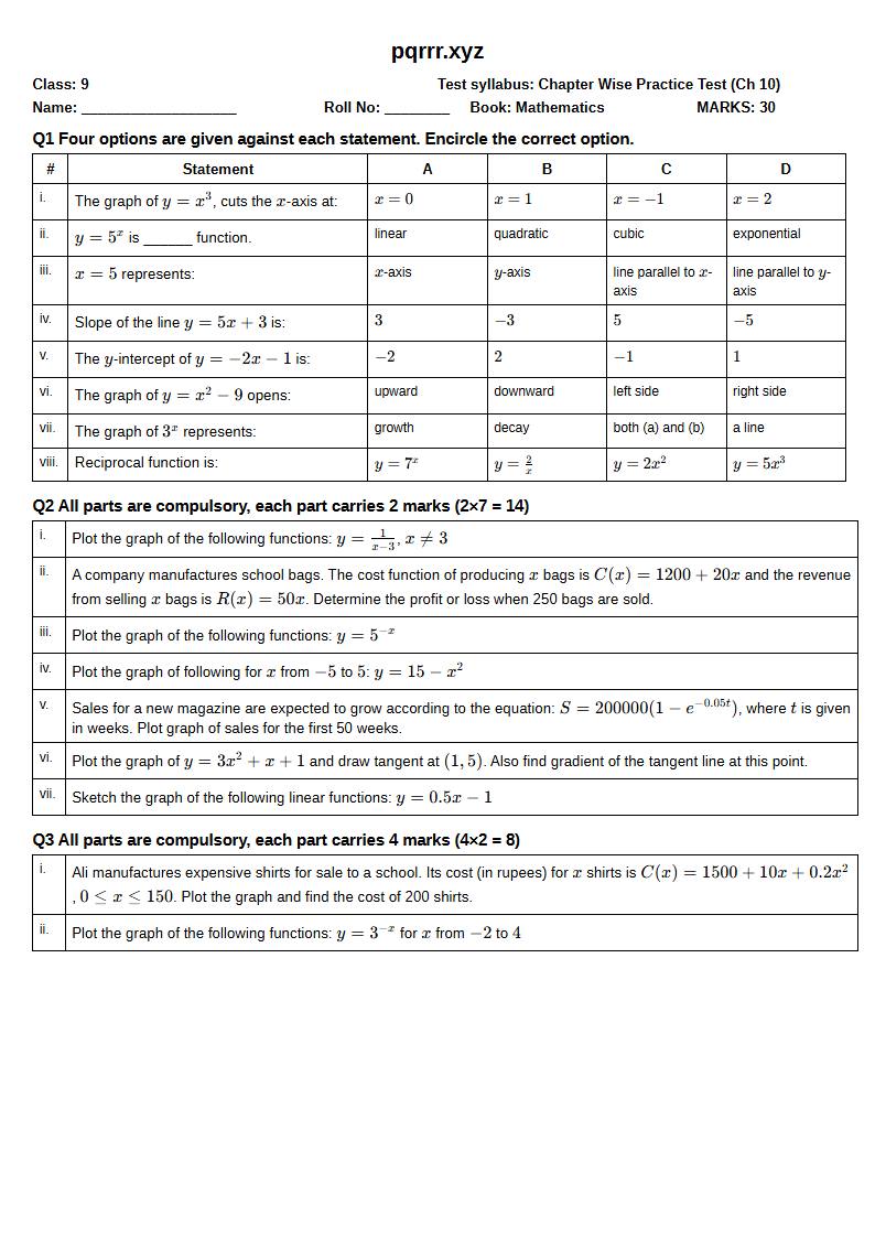 First page of 9th Mathematics – Chapter 10 – Graphs of Functions – Chapter Wise Practice Test, 30 marks (English)