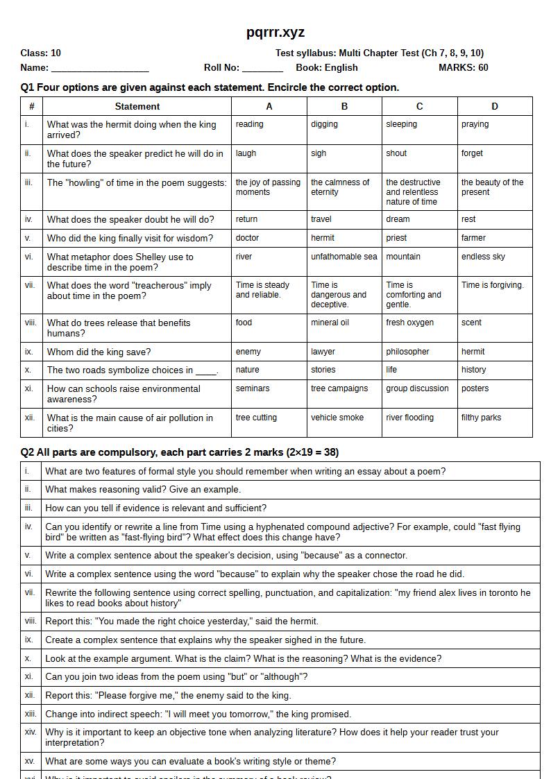 First page of 10th English – Chapters 7–10 – Multi Chapter Test, 60 marks (English)
