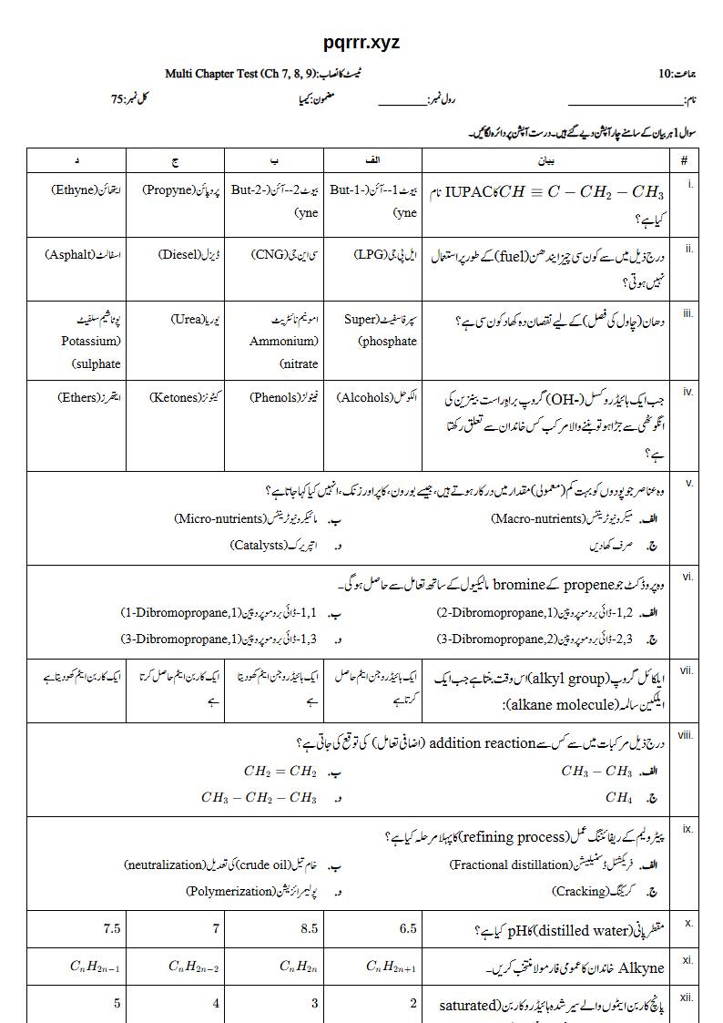 First page of 10th Chemistry – Chapters 7–9 – Multi Chapter Test, 75 marks (Urdu)