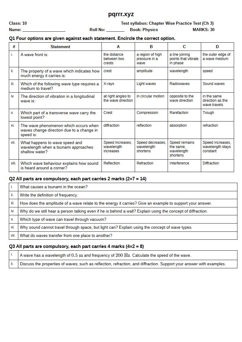 First page of 10th Physics – Chapter 3 – Waves – Chapter Wise Practice Test, 30 marks (English)