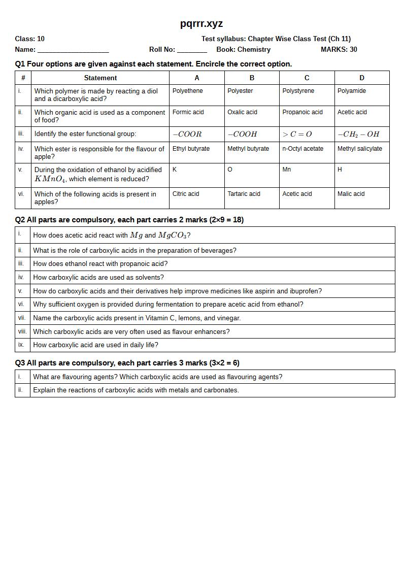 First page of 10th Chemistry – Chapter 11 – Carboxylic Acids – Chapter Wise Class Test, 30 marks (English)