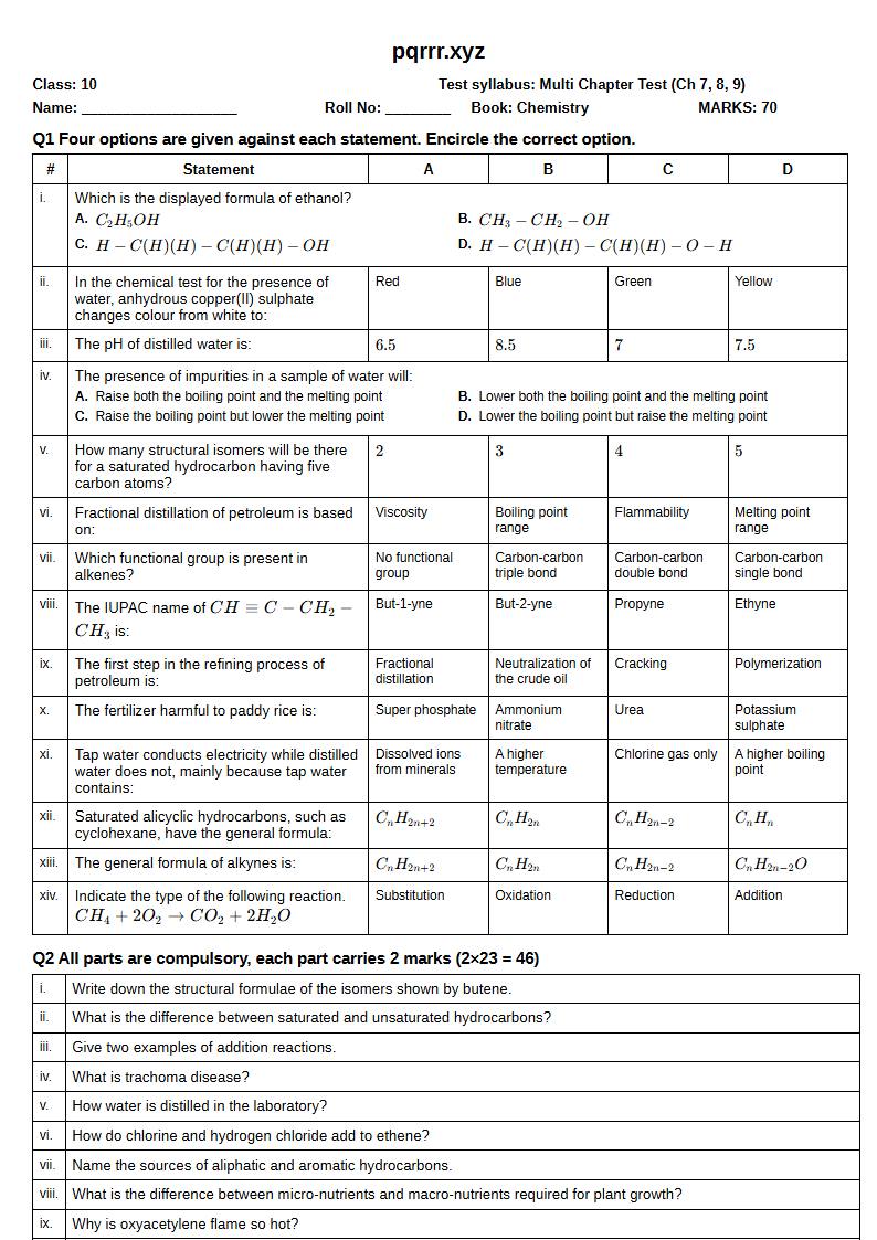 First page of 10th Chemistry – Chapters 7–9 – Multi Chapter Test, 70 marks (English)