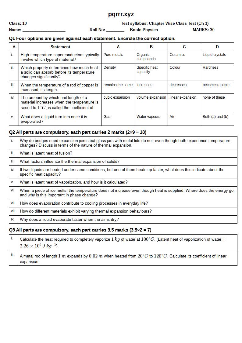 First page of 10th Physics – Chapter 1 – Thermal Physics – Chapter Wise Class Test, 30 marks (English)