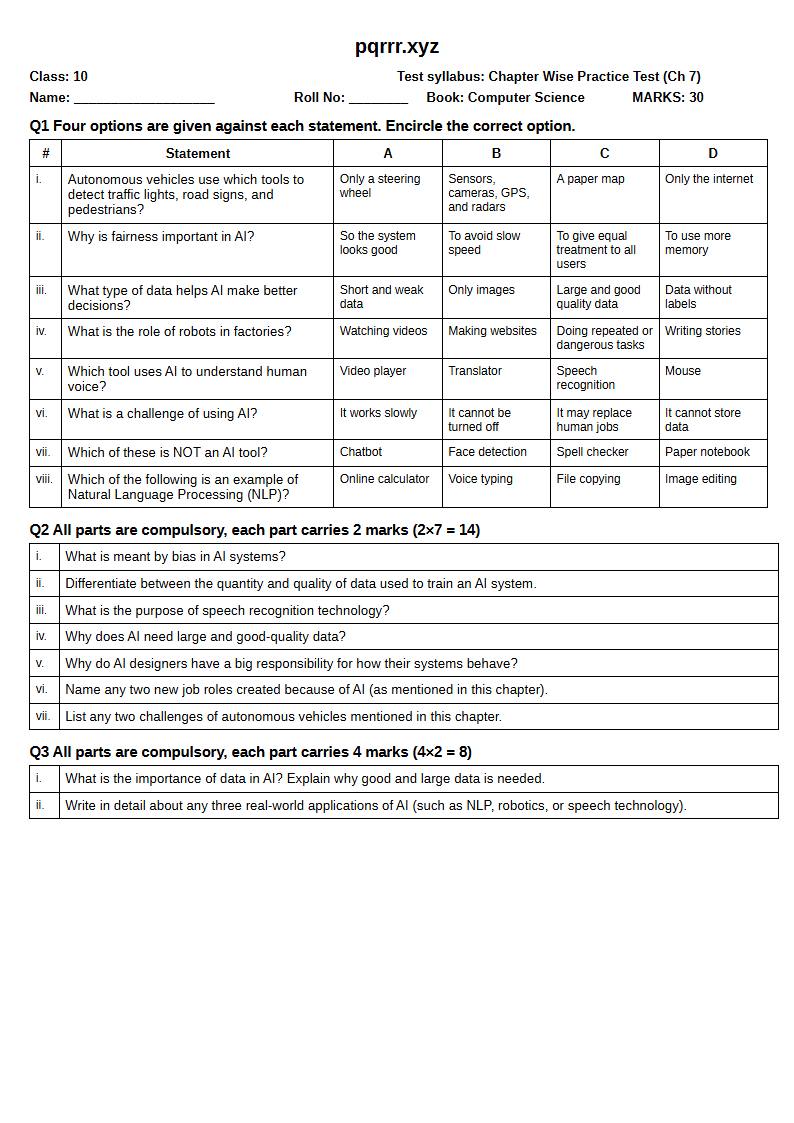 First page of 10th Computer Science – Chapter 7 – Applications of AI – Chapter Wise Practice Test, 30 marks (English)