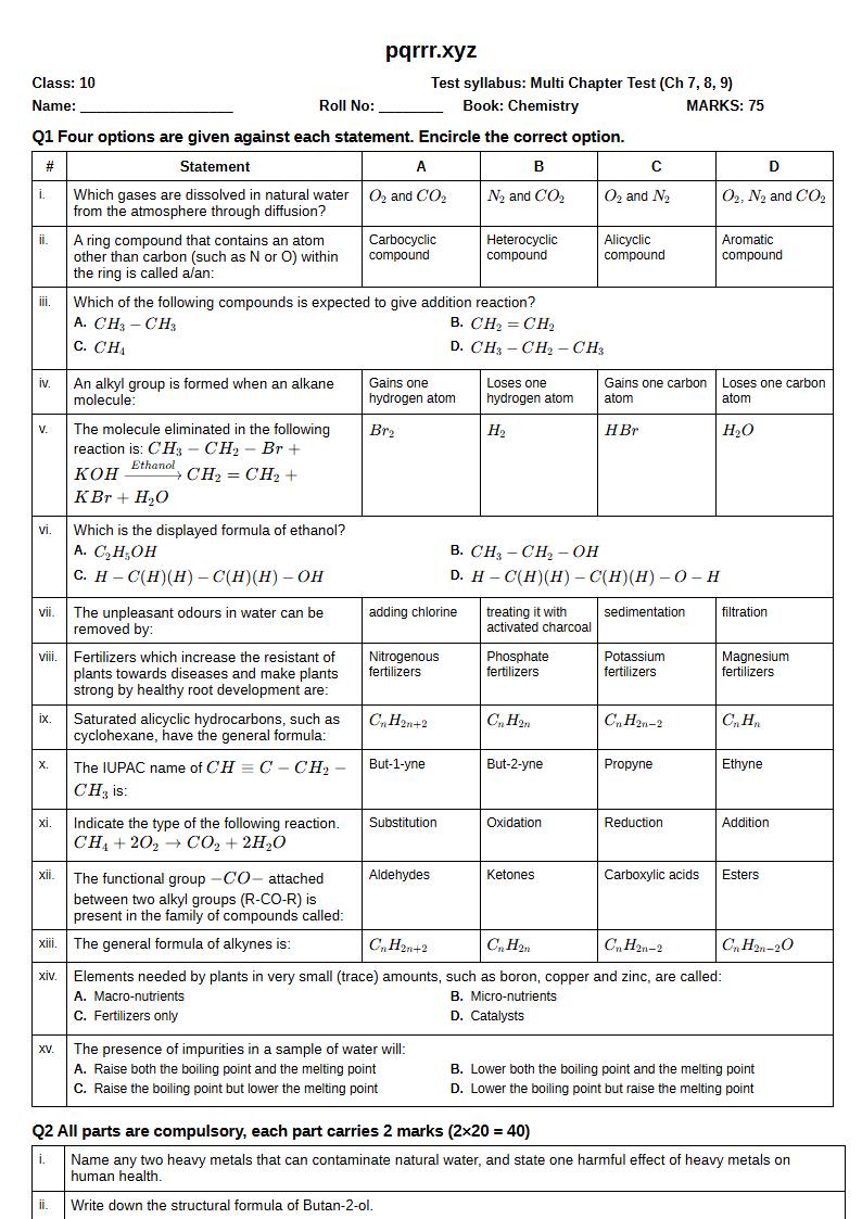 First page of 10th Chemistry – Chapters 7–9 – Multi Chapter Test, 75 marks (English)
