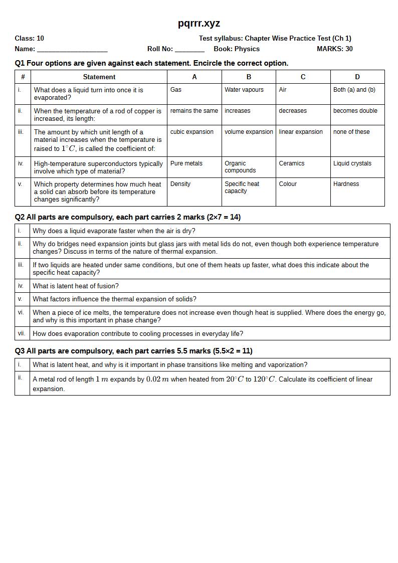 First page of 10th Physics – Chapter 1 – Thermal Physics – Chapter Wise Practice Test, 30 marks (English)
