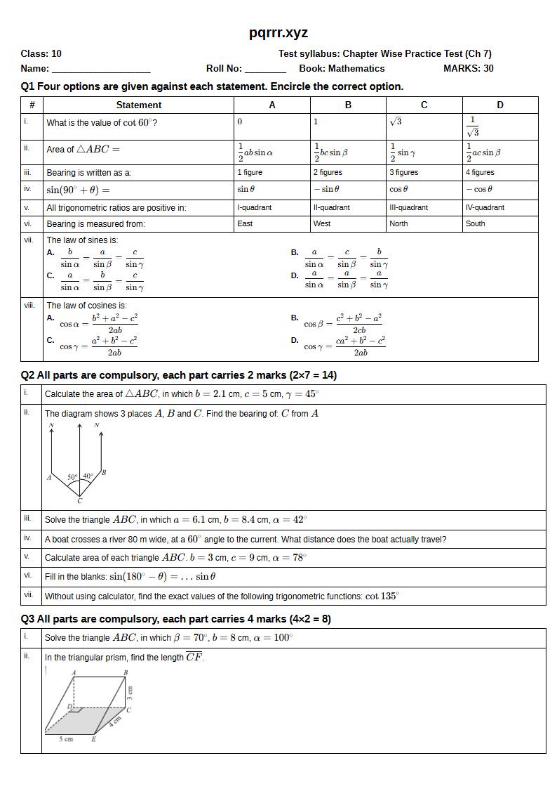 First page of 10th Mathematics – Chapter 7 – Trigonometry – Chapter Wise Practice Test, 30 marks (English)