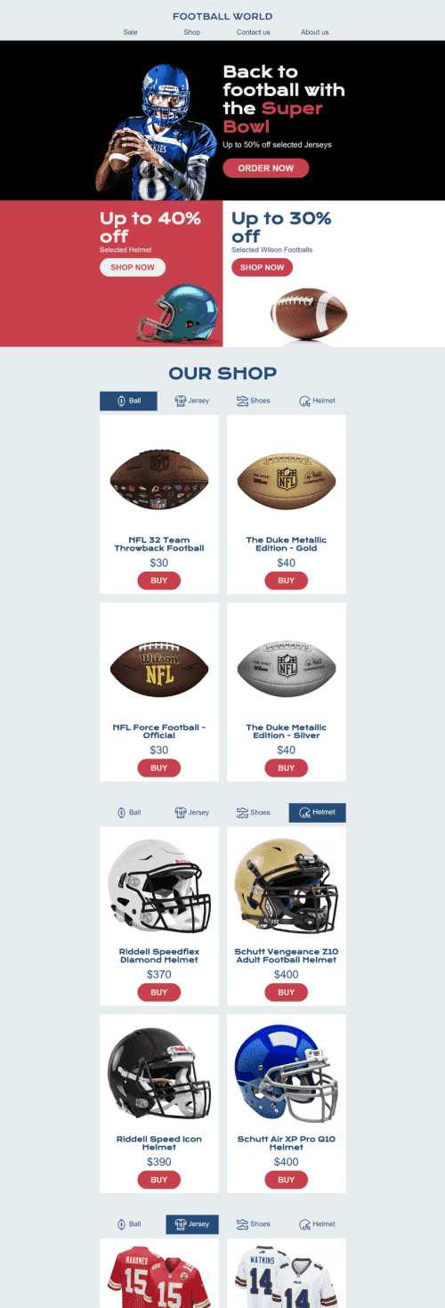 Super Bowl Email Template «Sport Attribute Shop» for Sports industry