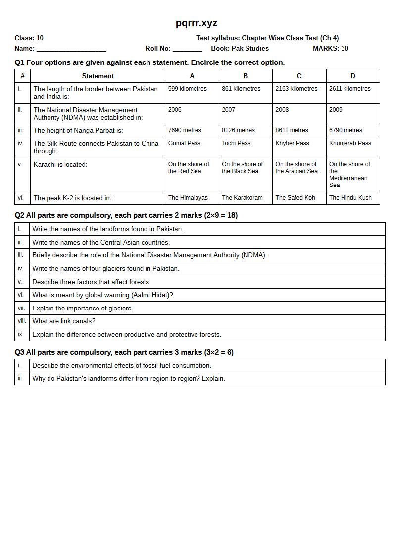 First page of 10th Pak Studies – Chapter 4 – پاکستان کا جغرافیہ – Chapter Wise Class Test, 30 marks (English)