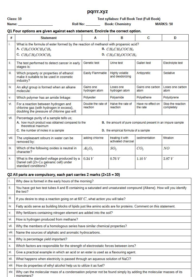 First page of 10th Chemistry – Complete book – Full Book Test, 50 marks (English)