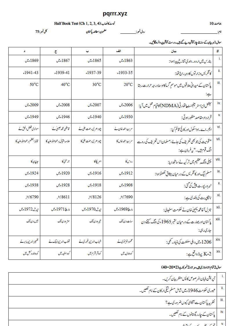 First page of 10th Pak Studies – Half book (Chapters 1–4) – Half Book Test, 75 marks (Urdu)