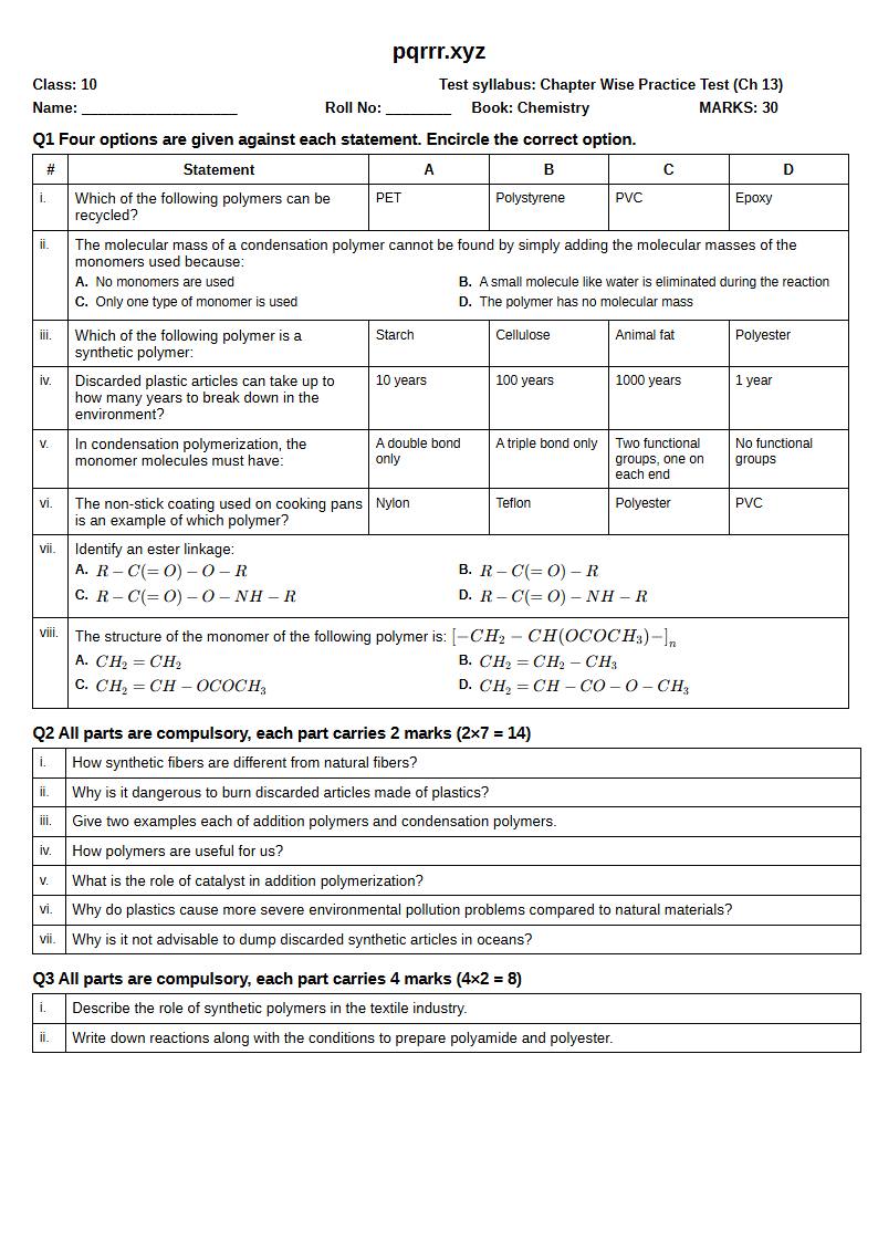 First page of 10th Chemistry – Chapter 13 – Polymers – Chapter Wise Practice Test, 30 marks (English)