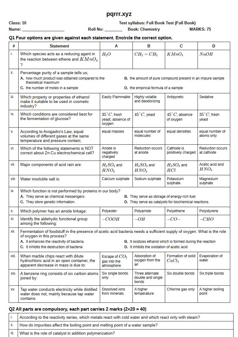 First page of 10th Chemistry – Complete book – Full Book Test, 75 marks (English)