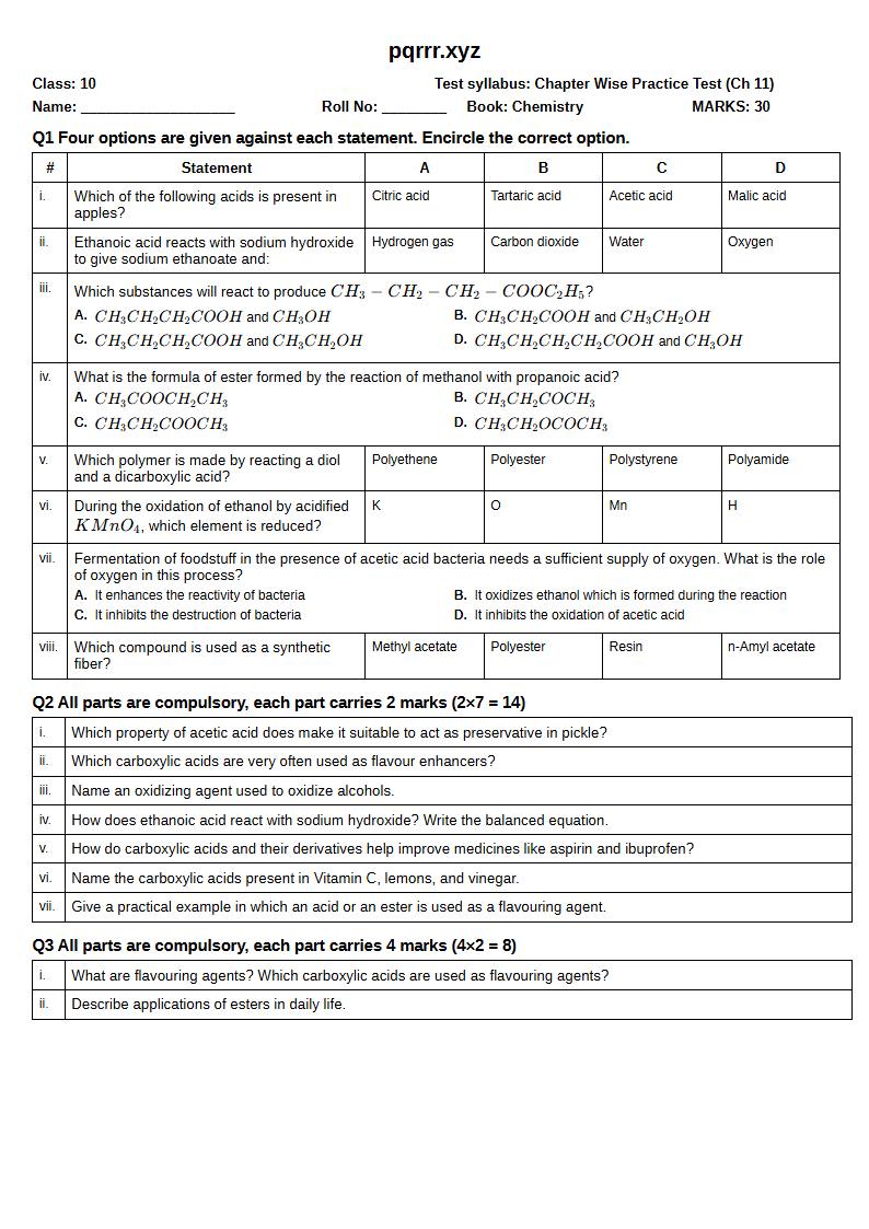 First page of 10th Chemistry – Chapter 11 – Carboxylic Acids – Chapter Wise Practice Test, 30 marks (English)