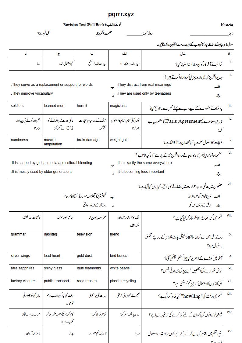 First page of 10th English – Complete book – Revision Test, 75 marks (Urdu)