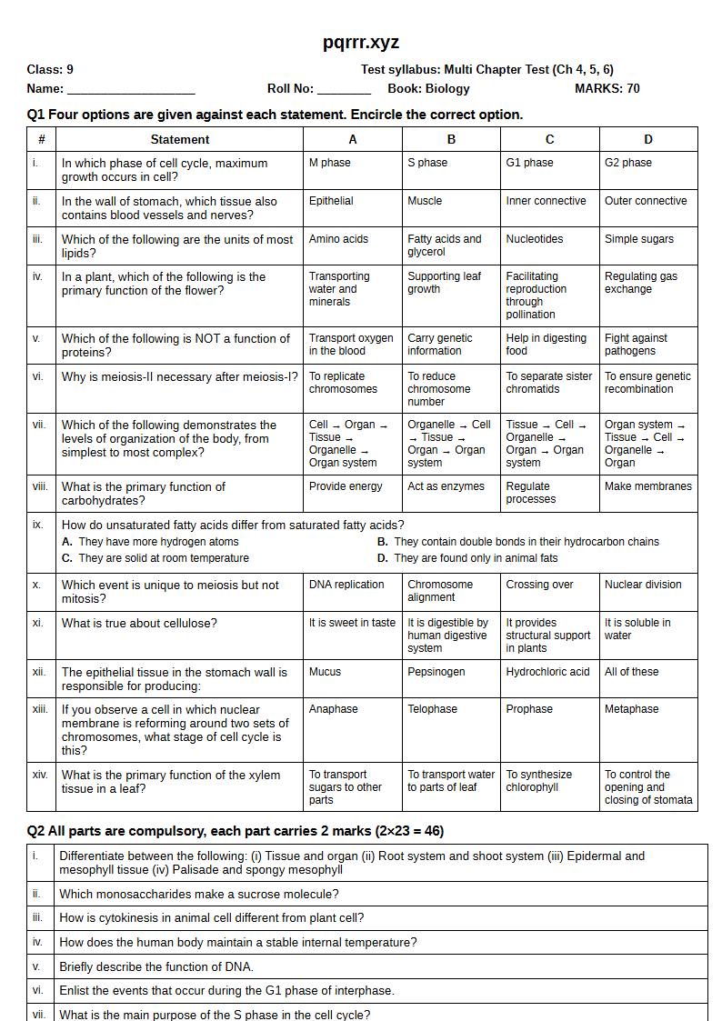 First page of 9th Biology – Chapters 4–6 – Multi Chapter Test, 70 marks (English)