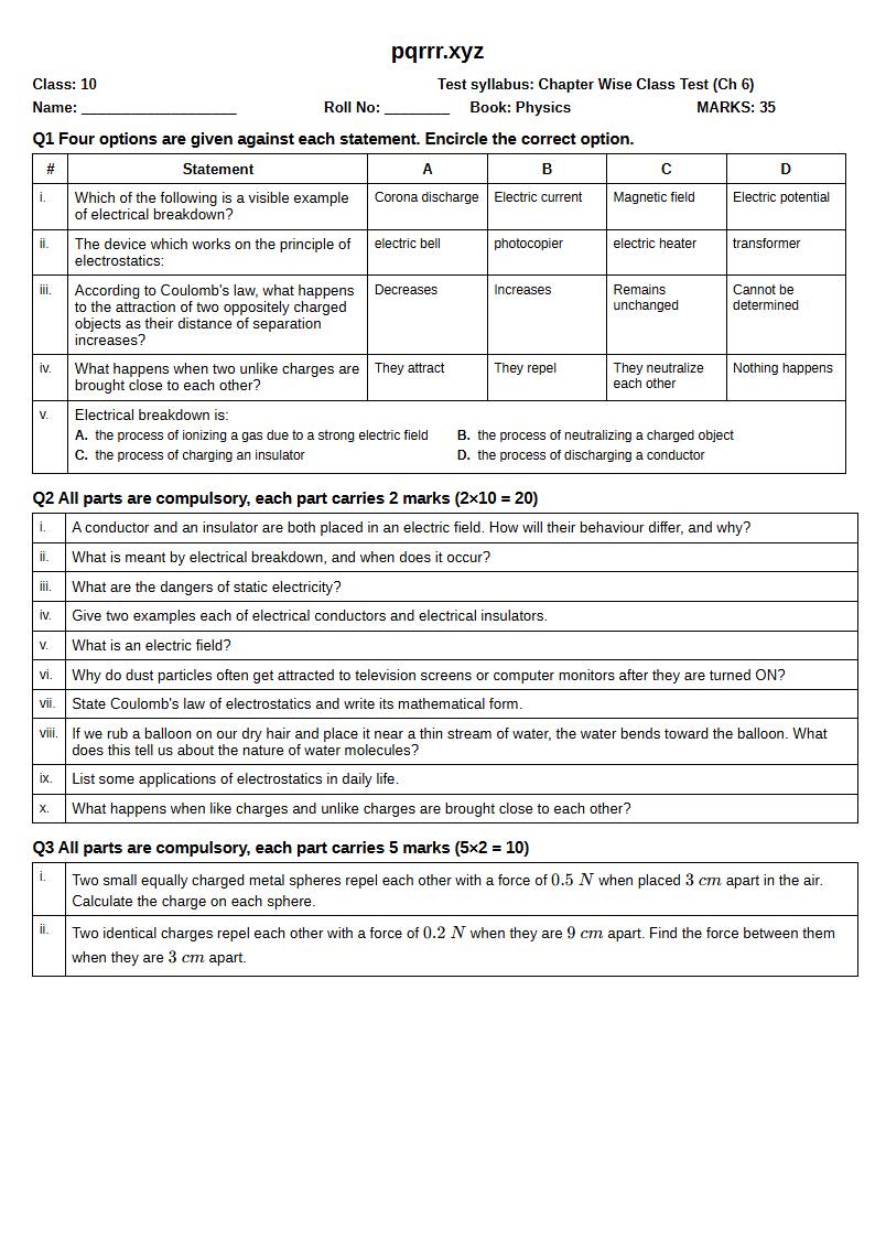 First page of 10th Physics – Chapter 6 – Electrostatics – Chapter Wise Class Test, 35 marks (English)