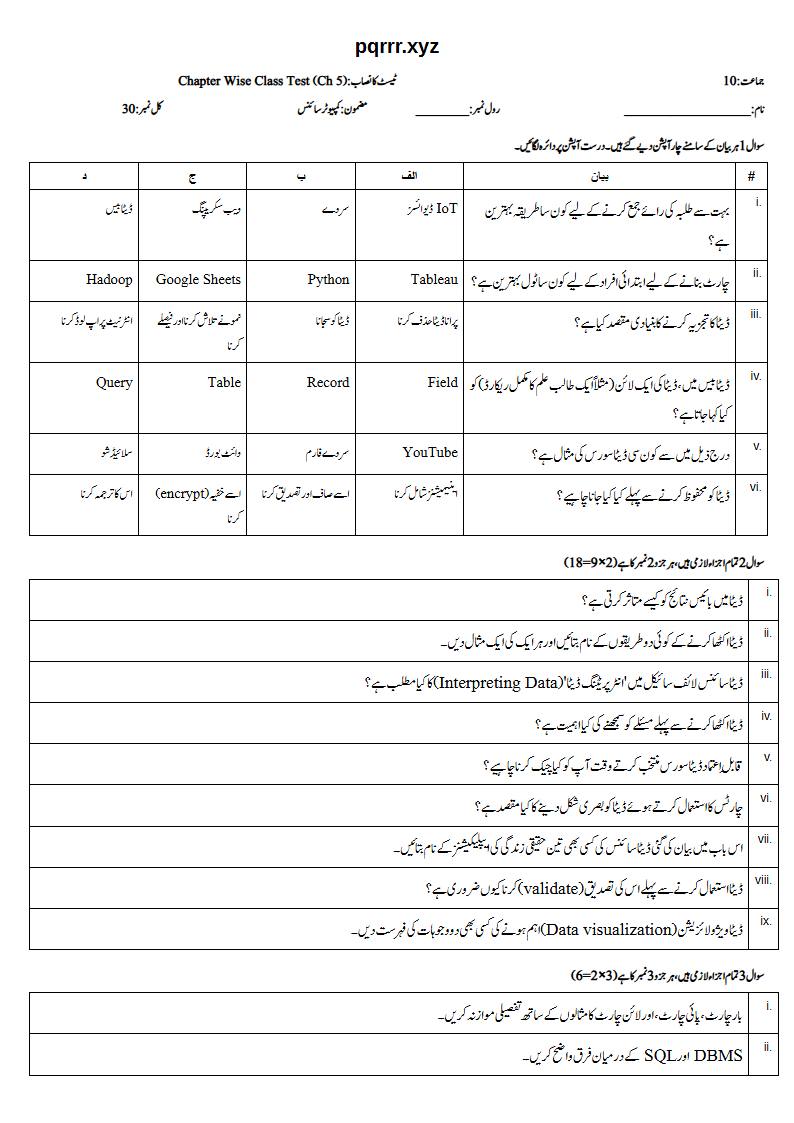 First page of 10th Computer Science – Chapter 5 – Introduction to Data Science – Chapter Wise Class Test, 30 marks (Urdu)