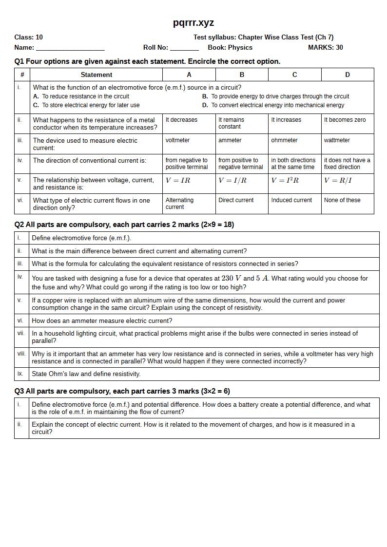 First page of 10th Physics – Chapter 7 – Electricity – Chapter Wise Class Test, 30 marks (English)