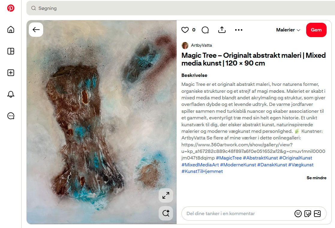 Pinterest-opslag med et originalt abstrakt maleri og link til kunstnerens virtuelle galleri